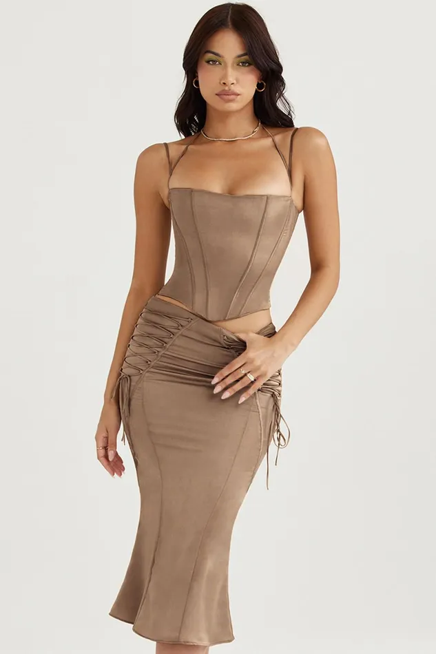 House Of CB SidonieLatte Satin Lace Up Midi Skirt 8211 SALE Latte Women Skirts