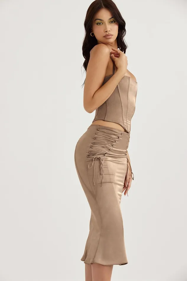 House Of CB SidonieLatte Satin Lace Up Midi Skirt 8211 SALE Latte Women Skirts
