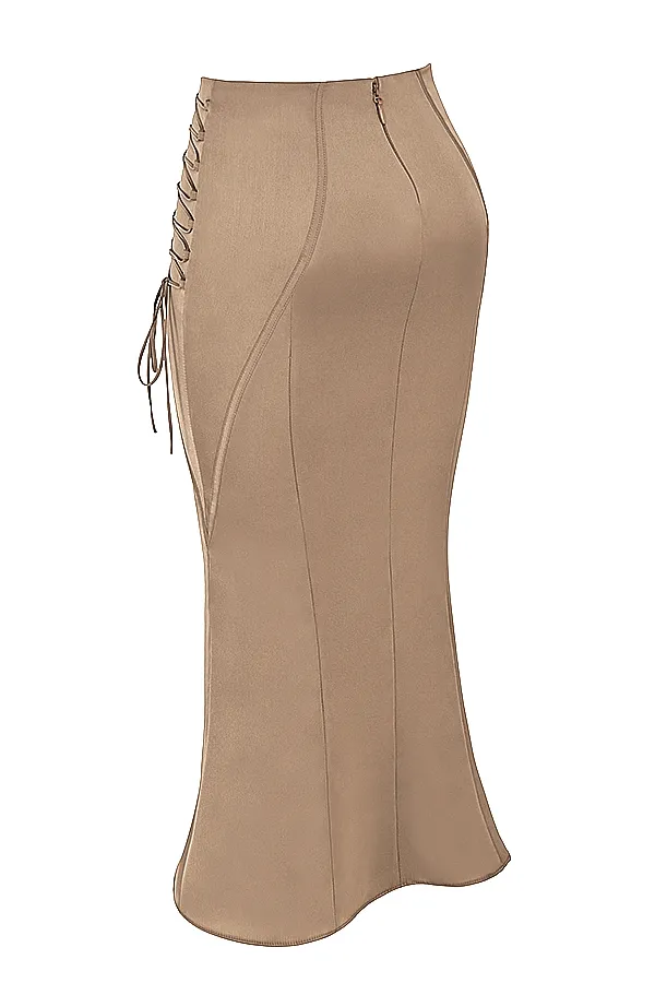 House Of CB SidonieLatte Satin Lace Up Midi Skirt 8211 SALE Latte Women Skirts