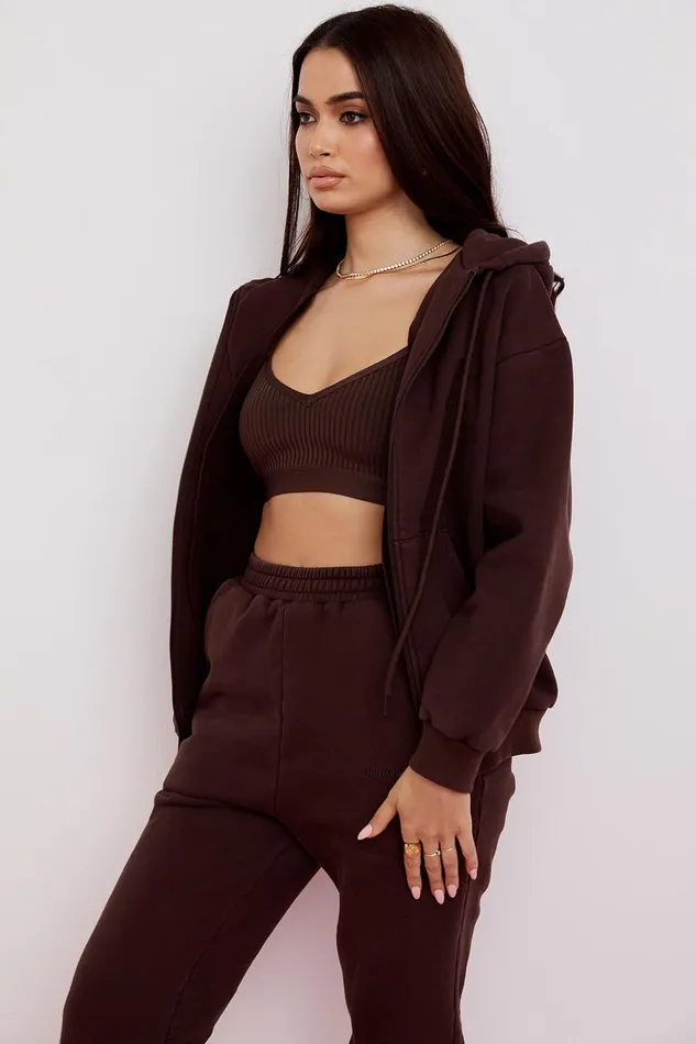 House Of CB StormChocolate Zip Through Hoodie Chocolate Women Outerwear