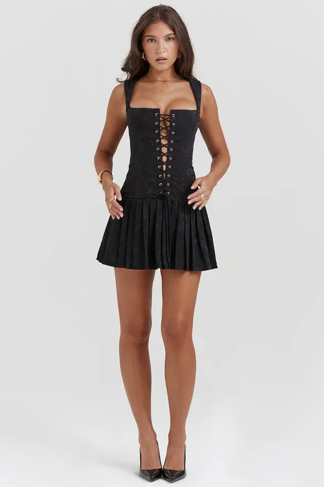House Of CB TaliaBlack Pleated Mini Dress Black Women Corset Dresses