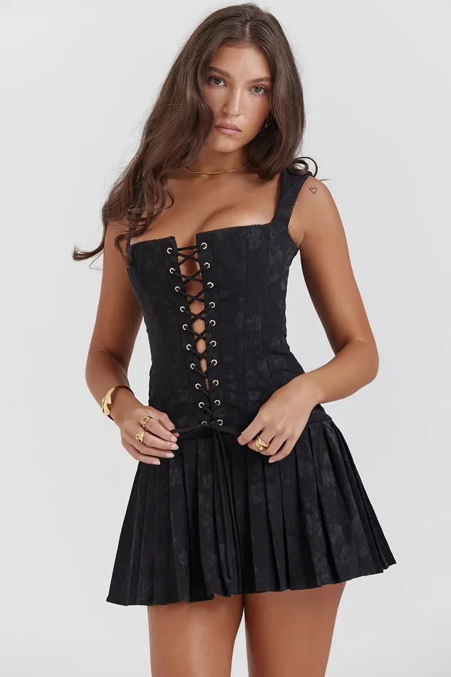 House Of CB TaliaBlack Pleated Mini Dress Black Women Corset Dresses