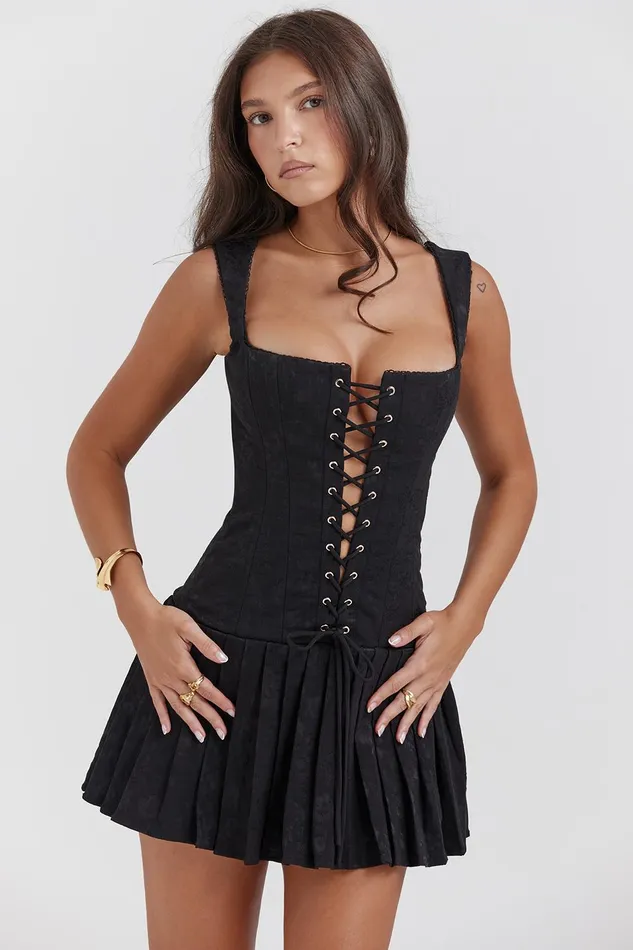 House Of CB TaliaBlack Pleated Mini Dress Black Women Corset Dresses