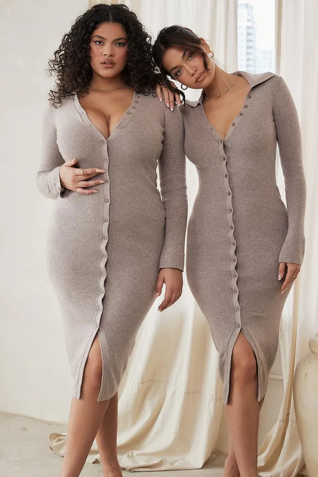 House Of CB YvetteBeige Cashmere Knit Midi Dress 8211 SALE Beige Women Midi Dresses