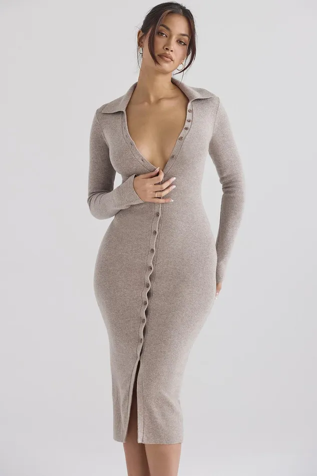 House Of CB YvetteBeige Cashmere Knit Midi Dress 8211 SALE Beige Women Midi Dresses