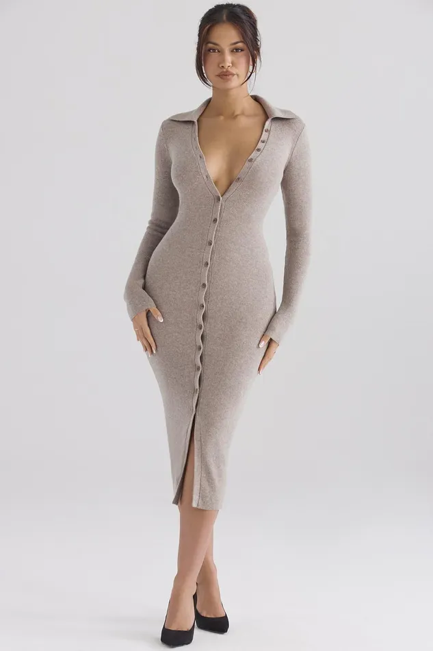 House Of CB YvetteBeige Cashmere Knit Midi Dress 8211 SALE Beige Women Midi Dresses