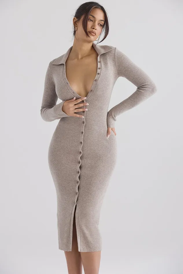 House Of CB YvetteBeige Cashmere Knit Midi Dress 8211 SALE Beige Women Midi Dresses