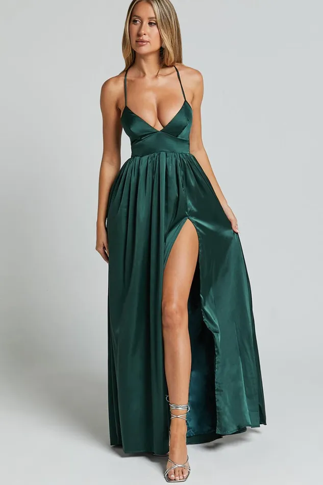 I Want The World To Know Midi Dress 8211 Thigh Split Tie Back Dress In Emerald Women Showpo Dresses