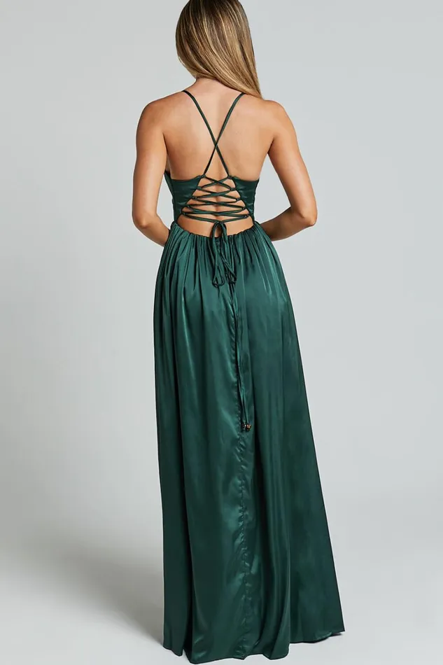 I Want The World To Know Midi Dress 8211 Thigh Split Tie Back Dress In Emerald Women Showpo Dresses