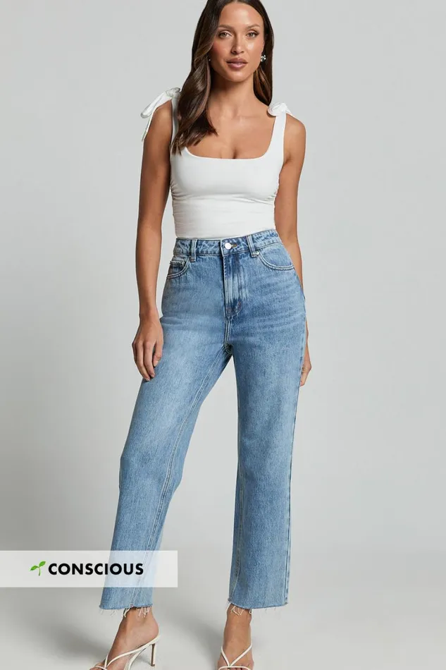 Imelda Jeans 8211 Mid Waist Frayed Hem Recycled Denim Crop Straight Leg Jeans In Mid Blue Wash Women Showpo Conscious Imelda Jeans 8211 Mid Waist Frayed Hem Recycled Denim Crop Straight Leg Jeans In Mid Blue Wash Women Showpo Conscious