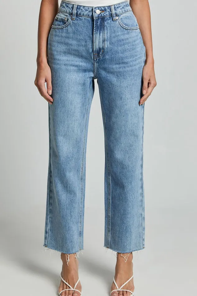 Imelda Jeans 8211 Mid Waist Frayed Hem Recycled Denim Crop Straight Leg Jeans In Mid Blue Wash Women Showpo Conscious