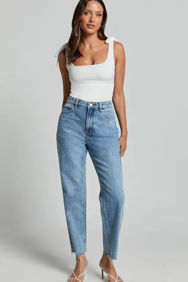 Imelda Jeans 8211 Mid Waist Frayed Hem Recycled Denim Crop Straight Leg Jeans In Mid Blue Wash Women Showpo Conscious