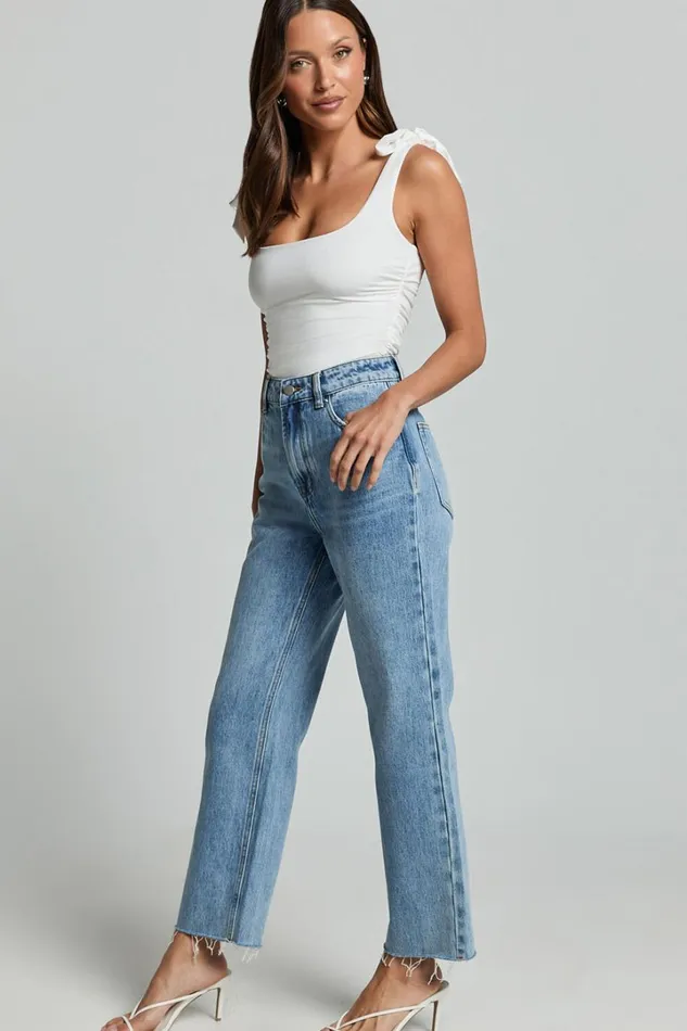 Imelda Jeans 8211 Mid Waist Frayed Hem Recycled Denim Crop Straight Leg Jeans In Mid Blue Wash Women Showpo Conscious