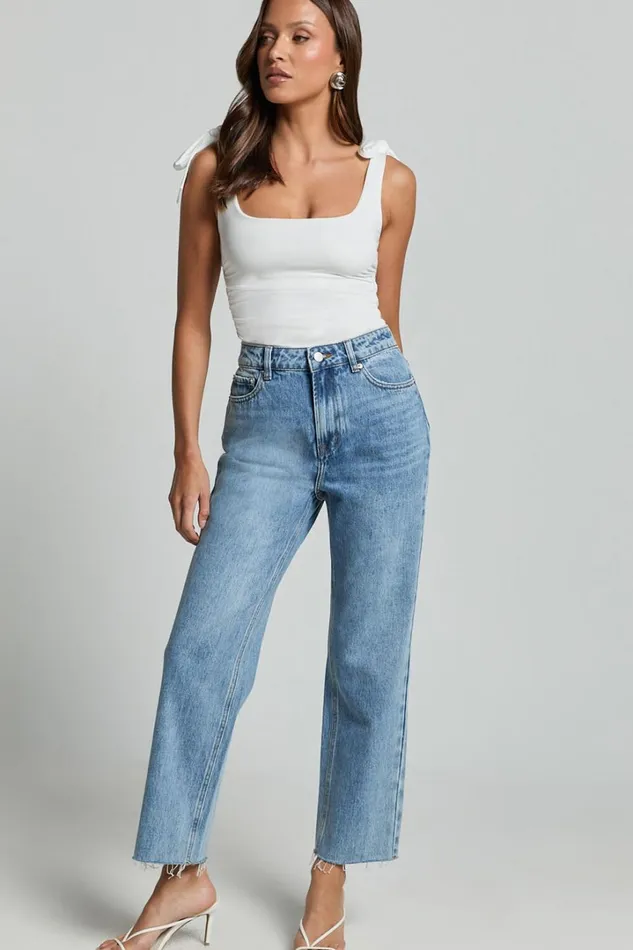 Imelda Jeans 8211 Mid Waist Frayed Hem Recycled Denim Crop Straight Leg Jeans In Mid Blue Wash Women Showpo Conscious