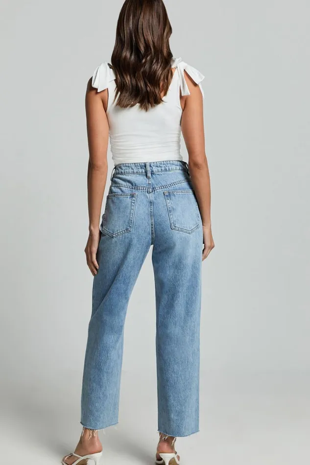 Imelda Jeans 8211 Mid Waist Frayed Hem Recycled Denim Crop Straight Leg Jeans In Mid Blue Wash Women Showpo Conscious