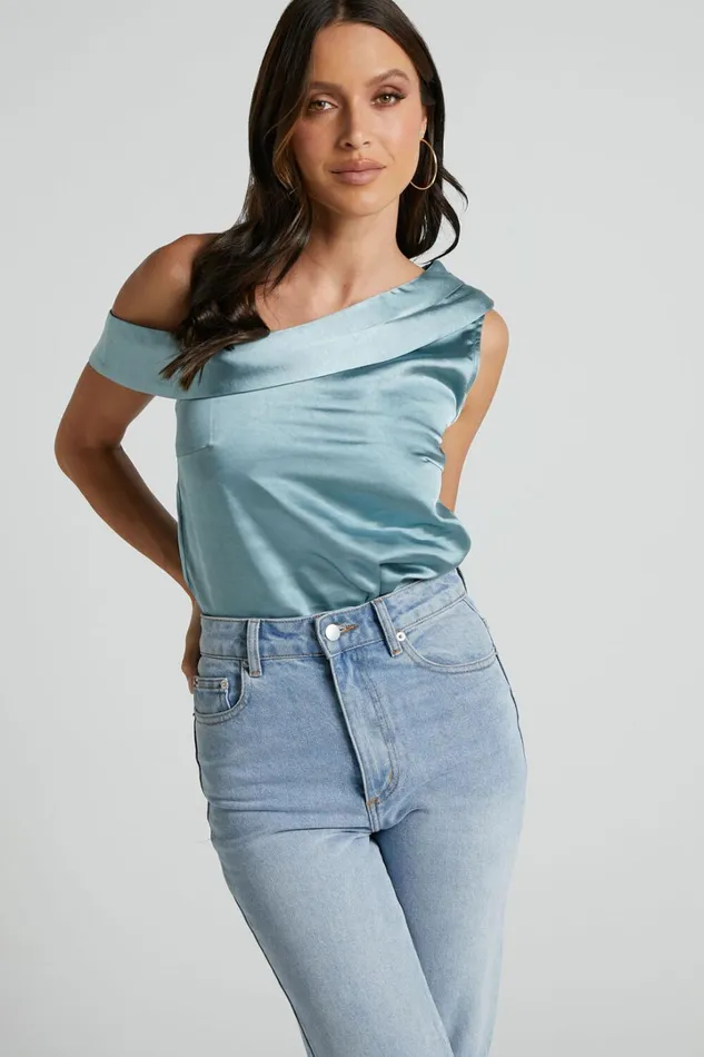 Indah Top 8211 Draped Off Shoulder Top In Sage Women Showpo Curve Clothes