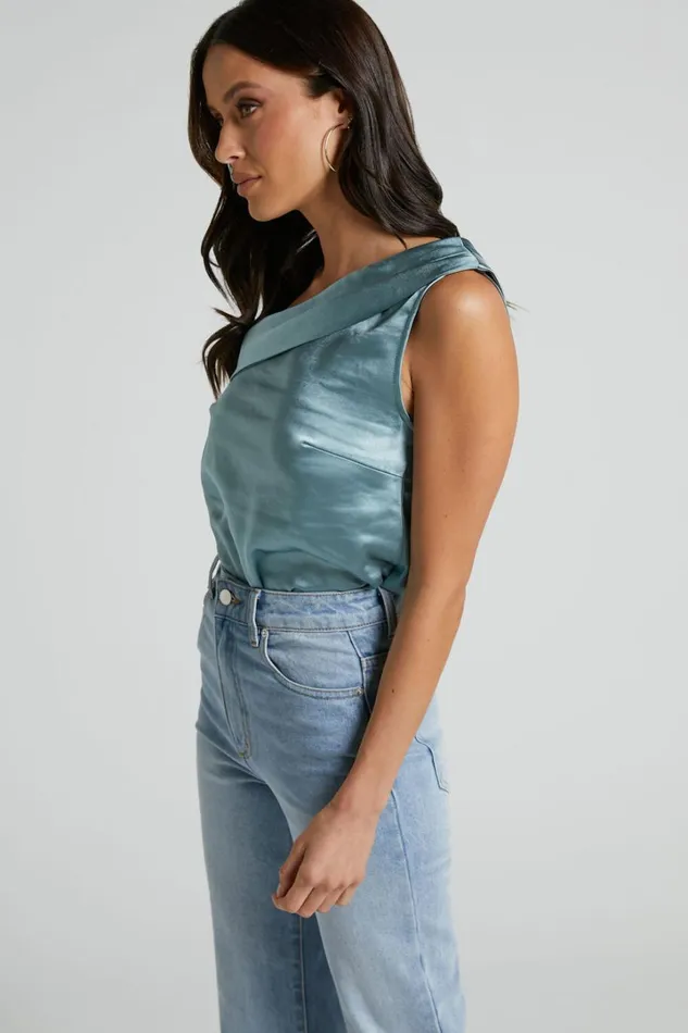 Indah Top 8211 Draped Off Shoulder Top In Sage Women Showpo Curve Clothes