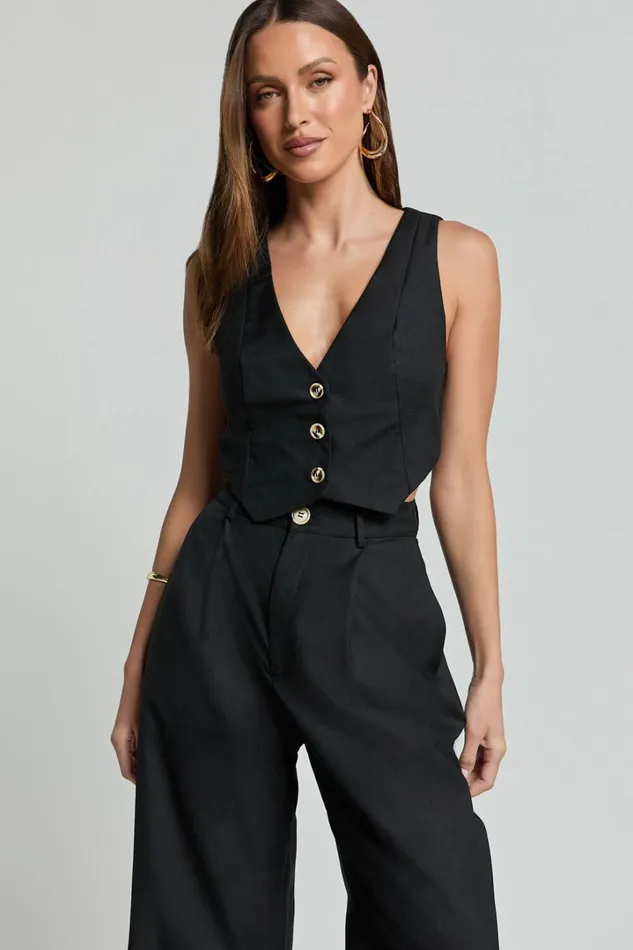 Izara Vest 8211 V Neck Button Up Cropped Vest In Black Women Showpo Curve Clothes