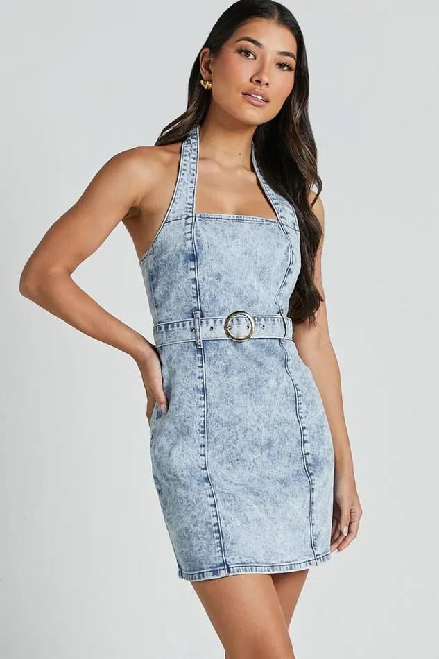Izolda Mini Dress 8211 Halter Neck Belted Bodycon Denim Dress In Light Blue Acid Wash Women Showpo Denim