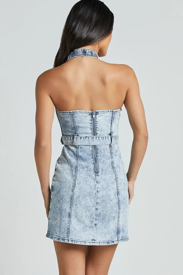 Izolda Mini Dress 8211 Halter Neck Belted Bodycon Denim Dress In Light Blue Acid Wash Women Showpo Denim
