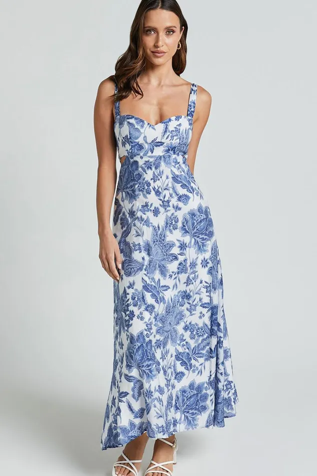 Jackleyn Midi Dress 8211 Sweetheart A Line Dress In Blue Floral Women Showpo Dresses