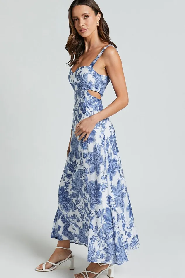 Jackleyn Midi Dress 8211 Sweetheart A Line Dress In Blue Floral Women Showpo Dresses