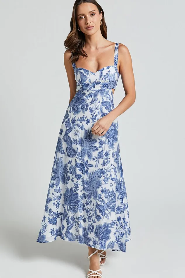 Jackleyn Midi Dress 8211 Sweetheart A Line Dress In Blue Floral Women Showpo Dresses