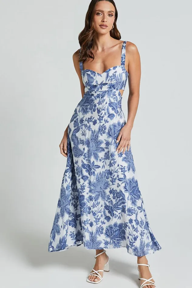 Jackleyn Midi Dress 8211 Sweetheart A Line Dress In Blue Floral Women Showpo Dresses