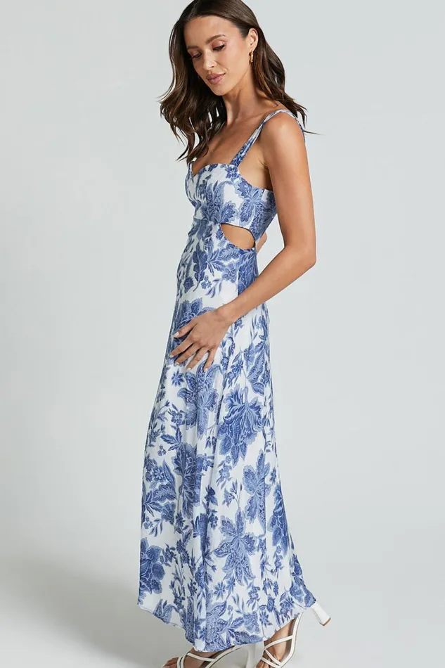Jackleyn Midi Dress 8211 Sweetheart A Line Dress In Blue Floral Women Showpo Dresses
