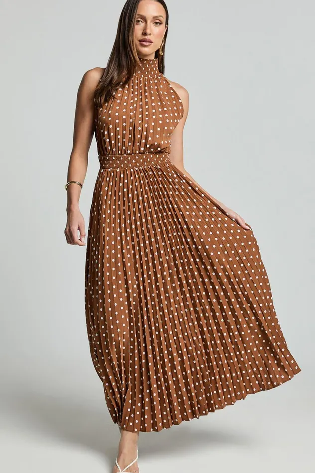 Jacynthia Midi Dress 8211 Pleated High Neck Dress In ChocolateWhite Women Showpo Dresses Jacynthia Midi Dress 8211 Pleated High Neck Dress In ChocolateWhite Women Showpo Dresses