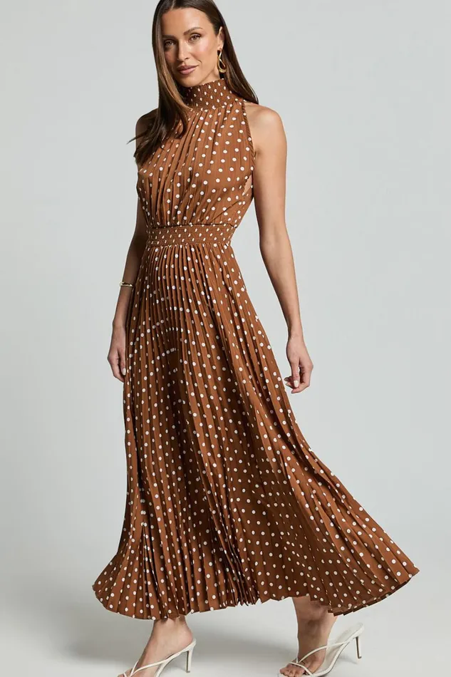 Jacynthia Midi Dress 8211 Pleated High Neck Dress In ChocolateWhite Women Showpo Dresses