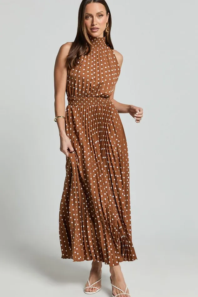 Jacynthia Midi Dress 8211 Pleated High Neck Dress In ChocolateWhite Women Showpo Dresses