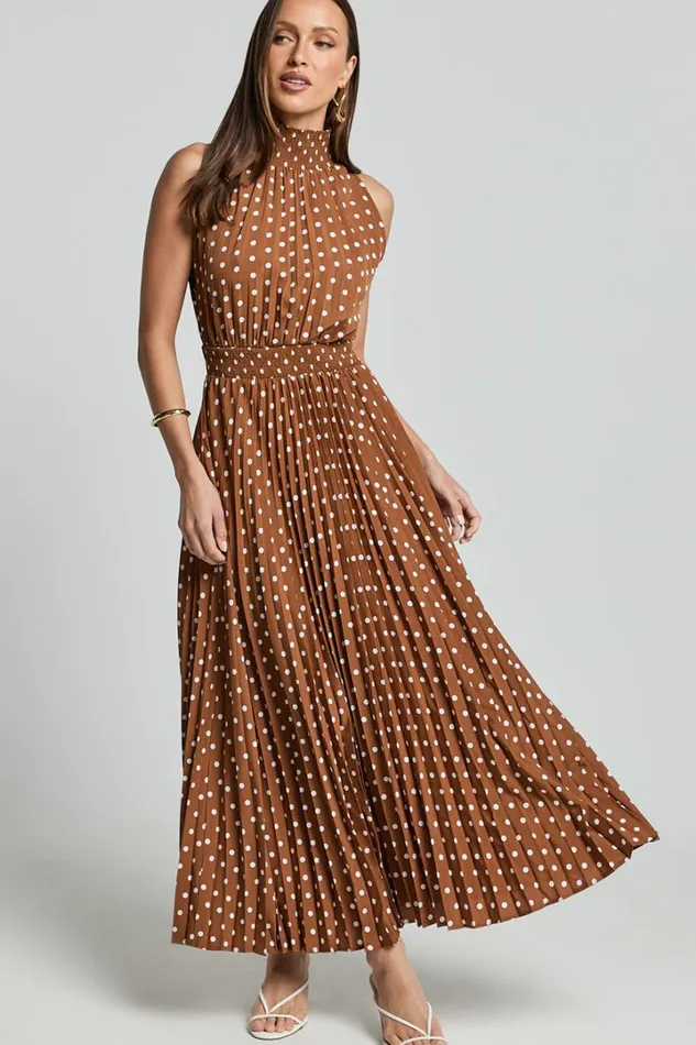 Jacynthia Midi Dress 8211 Pleated High Neck Dress In ChocolateWhite Women Showpo Dresses