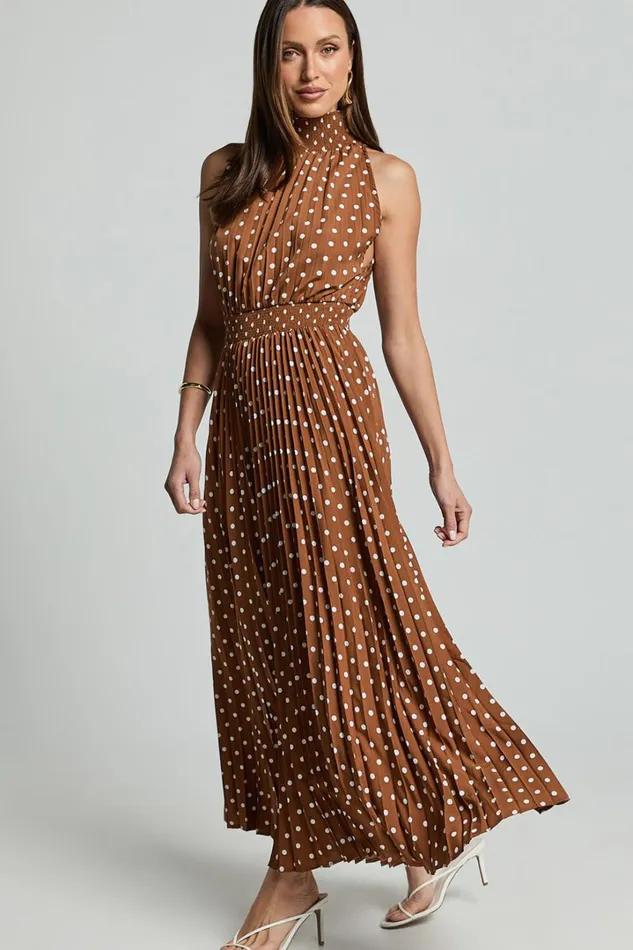 Jacynthia Midi Dress 8211 Pleated High Neck Dress In ChocolateWhite Women Showpo Dresses