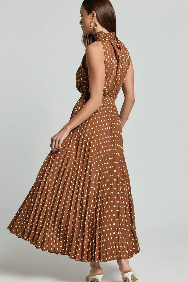 Jacynthia Midi Dress 8211 Pleated High Neck Dress In ChocolateWhite Women Showpo Dresses