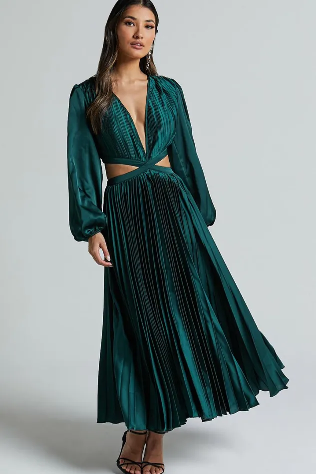 Jade Midi Dress 8211 Side Cut Out Pleated Balloon Sleeve Dress In Emerald Green Women Showpo Dresses Jade Midi Dress 8211 Side Cut Out Pleated Balloon Sleeve Dress In Emerald Green Women Showpo Dresses