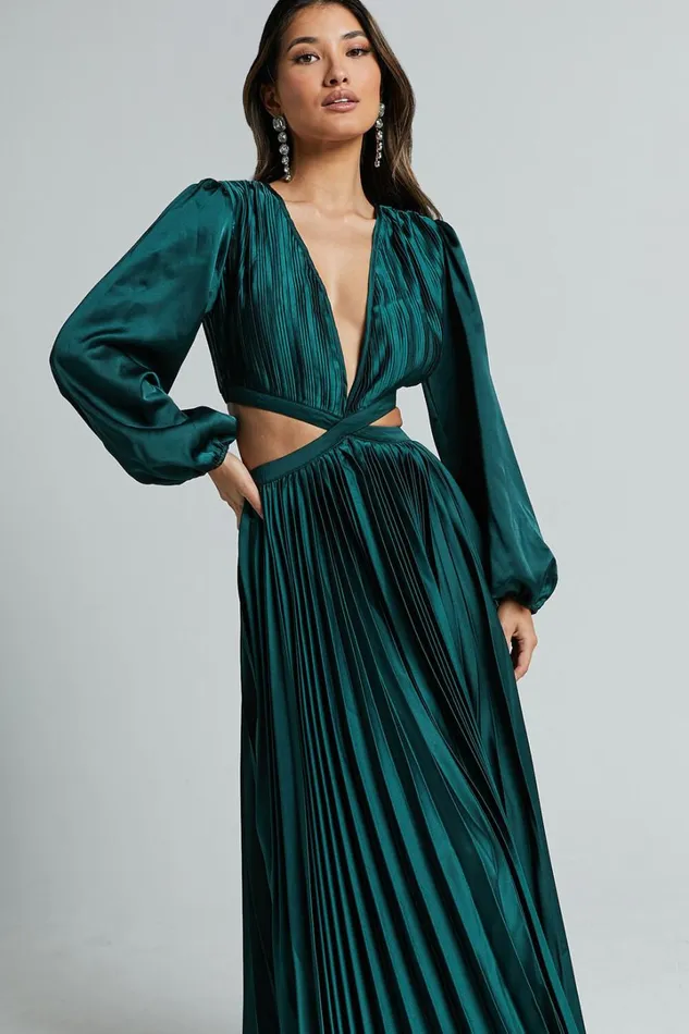 Jade Midi Dress 8211 Side Cut Out Pleated Balloon Sleeve Dress In Emerald Green Women Showpo Dresses