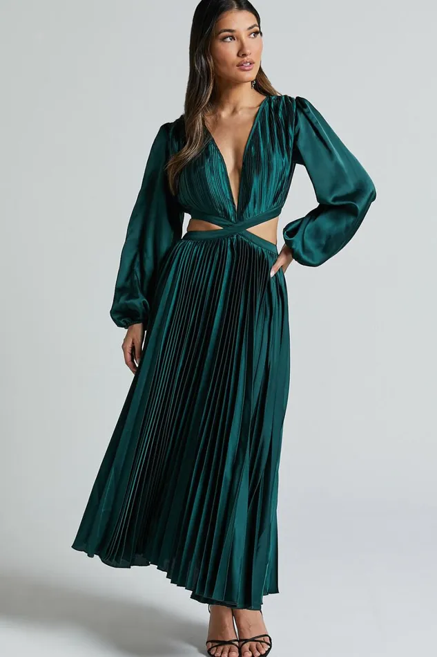 Jade Midi Dress 8211 Side Cut Out Pleated Balloon Sleeve Dress In Emerald Green Women Showpo Dresses
