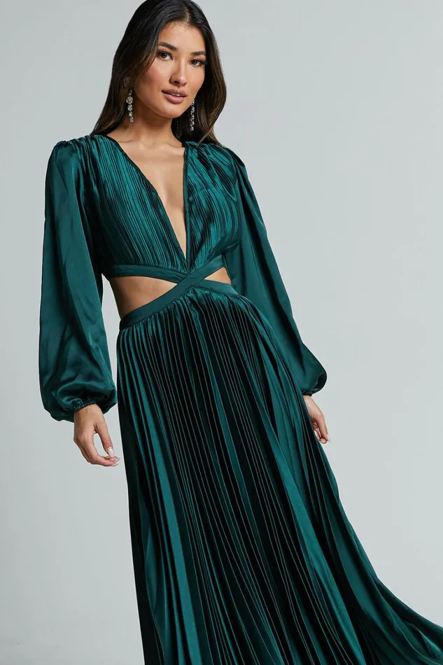Jade Midi Dress 8211 Side Cut Out Pleated Balloon Sleeve Dress In Emerald Green Women Showpo Dresses