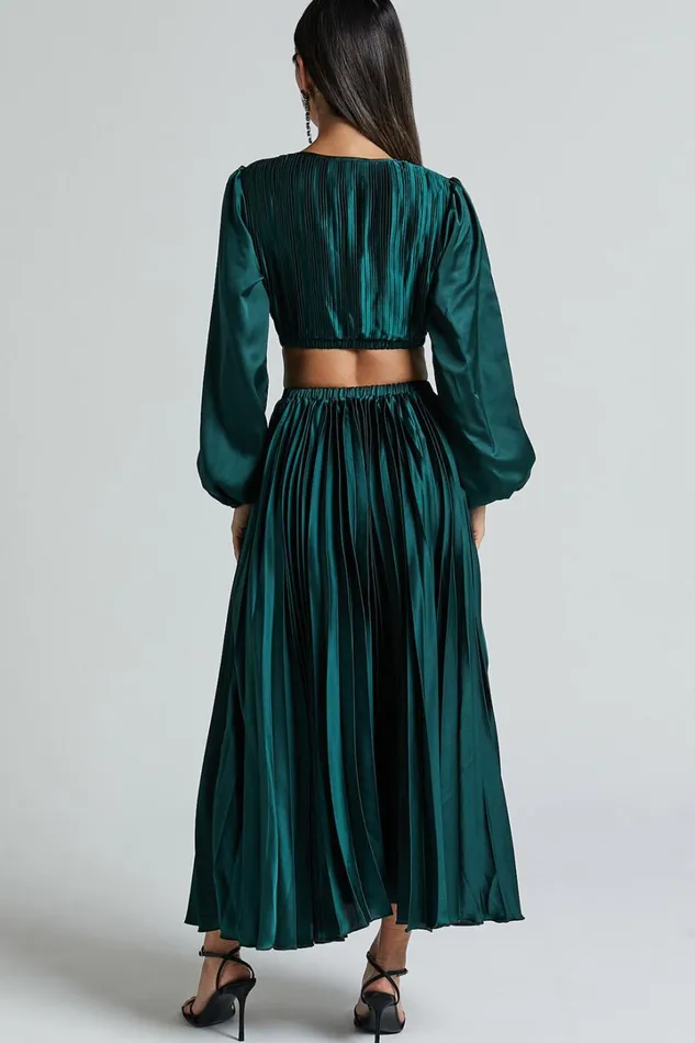 Jade Midi Dress 8211 Side Cut Out Pleated Balloon Sleeve Dress In Emerald Green Women Showpo Dresses
