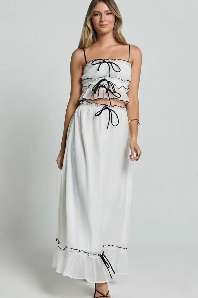 Jaden Maxi Skirt 8211 Gathered Contrast Tie Detail Skirt In Cream Women Showpo Skirts