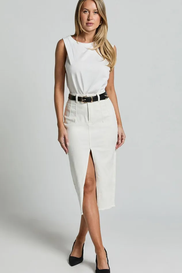 Janeve Midi Skirt 8211 Front Split Denim Skirt In Ecru Women Showpo Skirts