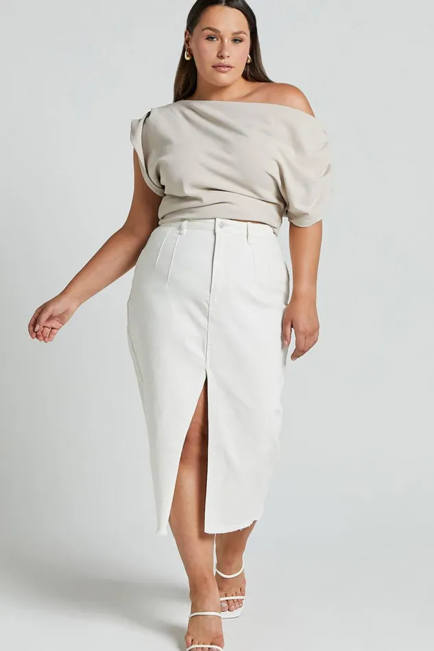 Janeve Midi Skirt 8211 Front Split Denim Skirt In Ecru Women Showpo Skirts