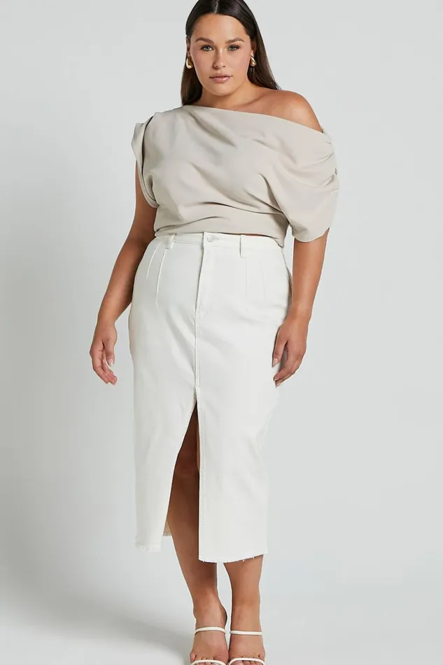 Janeve Midi Skirt 8211 Front Split Denim Skirt In Ecru Women Showpo Skirts
