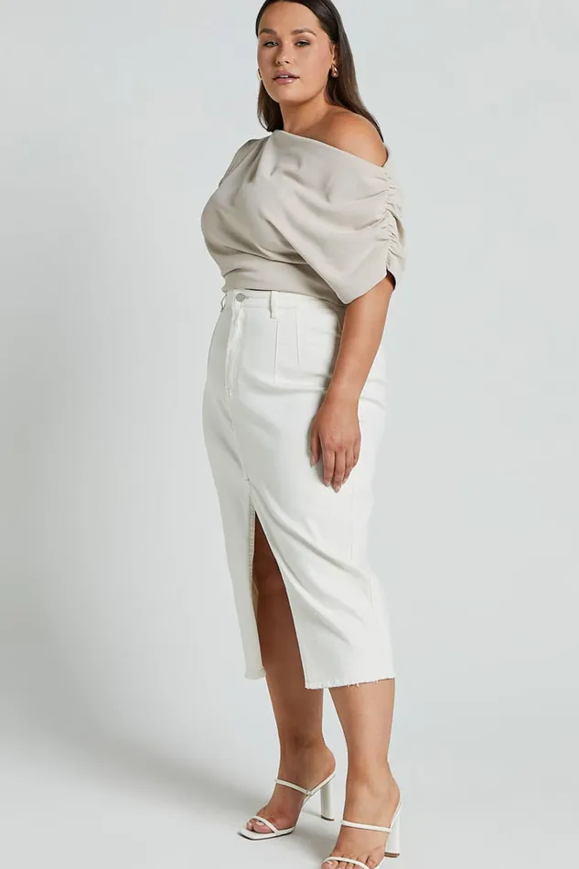 Janeve Midi Skirt 8211 Front Split Denim Skirt In Ecru Women Showpo Skirts