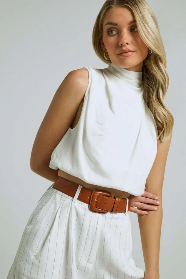 Jannita Top 8211 Linen Look High Neck Asymmetric Shoulder Crop Top In Off White Women Showpo Tops Jannita Top 8211 Linen Look High Neck Asymmetric Shoulder Crop Top In Off White Women Showpo Tops