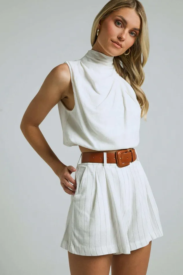 Jannita Top 8211 Linen Look High Neck Asymmetric Shoulder Crop Top In Off White Women Showpo Tops