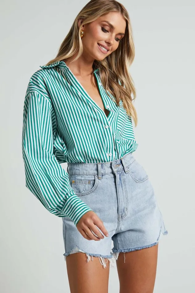 Jaycey Shirt 8211 Long Sleeve Pocket Detail Shirt In Green Stripe Women Showpo Modest Clothing