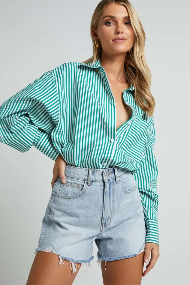 Jaycey Shirt 8211 Long Sleeve Pocket Detail Shirt In Green Stripe Women Showpo Modest Clothing