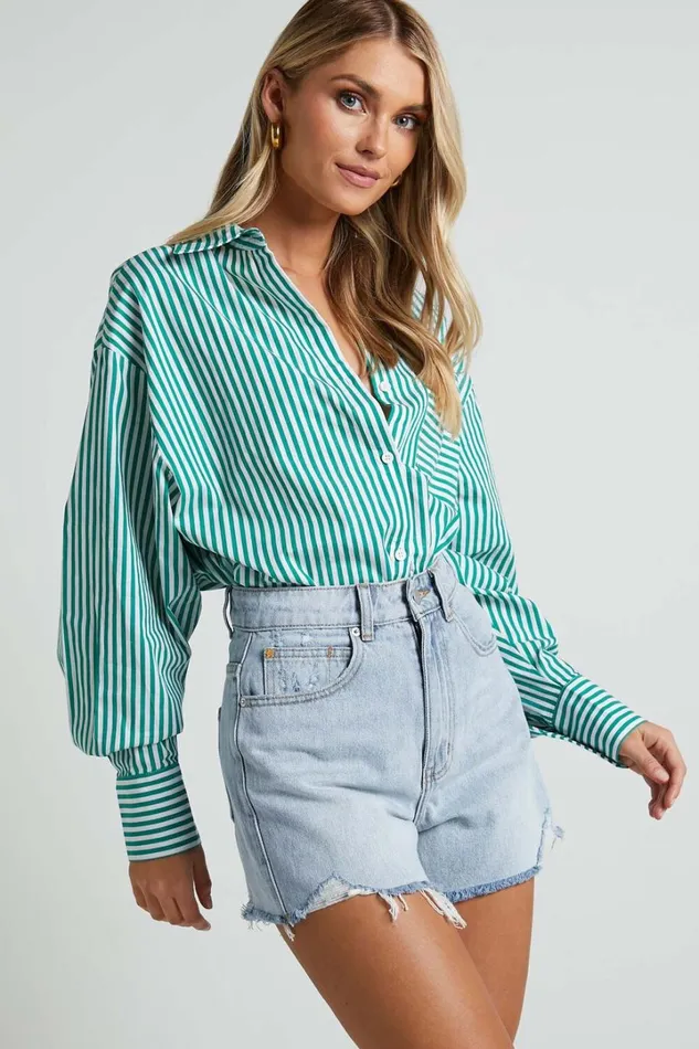 Jaycey Shirt 8211 Long Sleeve Pocket Detail Shirt In Green Stripe Women Showpo Modest Clothing